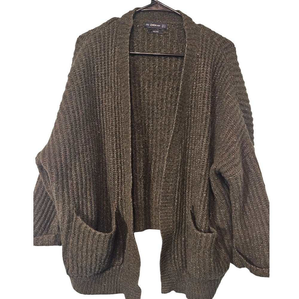 Zara Knit Olive Green Wool Blend Chunky Ribbed Open Front Cardigan Sweater S